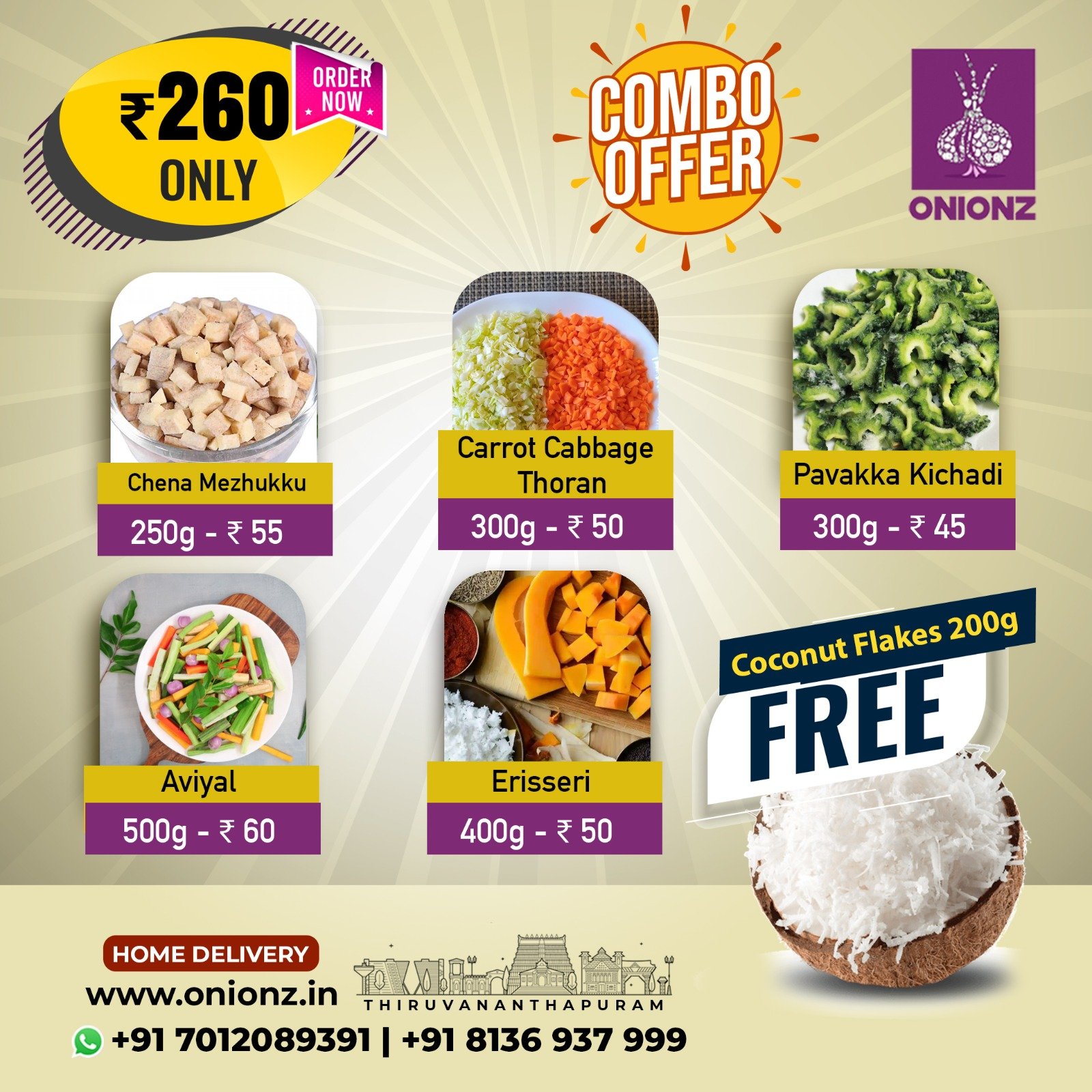 Combo Pack-(Chen Mezhukkuvaratti-Carrot cabbage Thoran-Pavakka Kichadi-Aviyal-Erisseri -Free coconut Flakes