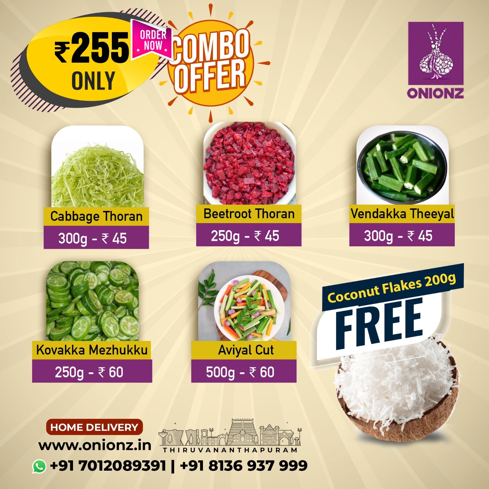 Combo Pack-(Cabbage thoran-kovakka cut-Beetroot Thoran-Aviyal-Vendakka theeyal-Free coconut Flakes